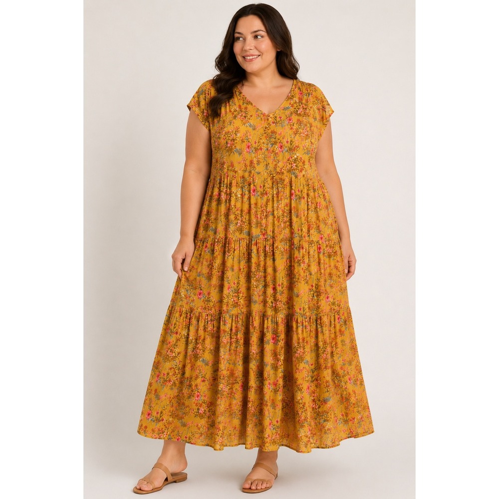 Wonderly 2X Mustard Floral Maxi Dress Cottagecore Boho Tiered Cap Sleeve Rayon - Picture 13 of 13